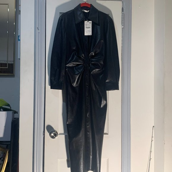 NWT ZARA FAUX LEATHER BUTTON DOWN DRESS XS - Picture 6 of 7